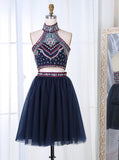 Two Piece Navy Blue Embroidery Homecoming Dress