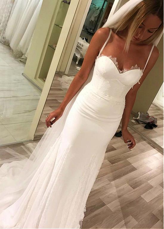 chiffon spaghetti strap wedding dress A-line Spaghetti Strap White Lace Chiffon Beach Wedding Dress WD290 US6 / White