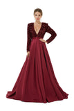 Burgundy Long Sleeves Sequin & Satin A Line Sexy Prom Formal Dress