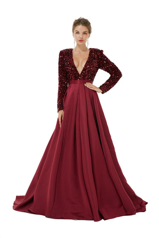 Burgundy Long Sleeves Sequin & Satin A Line Sexy Prom Formal Dress