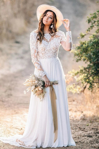 See Through Neck Lace Top Chiffon Long Sleeve Wedding Dress