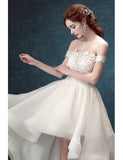 Off-the-shoulder Lace Up High Low Ruffles Tulle Wedding Dress