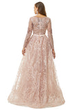 Luxury Champagne Beading Long Sleeve Sheer Detachable Train Prom Dress