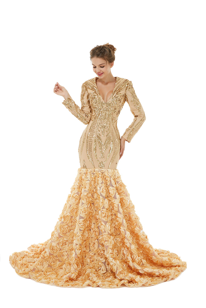 Champagne Sequin V Neck Long Sleeve Trumpet Mermaid Prom Formal Dress US4 Champagne Sequin V Neck Long Sleeve Trumpet Mermaid Prom Formal Dress US4