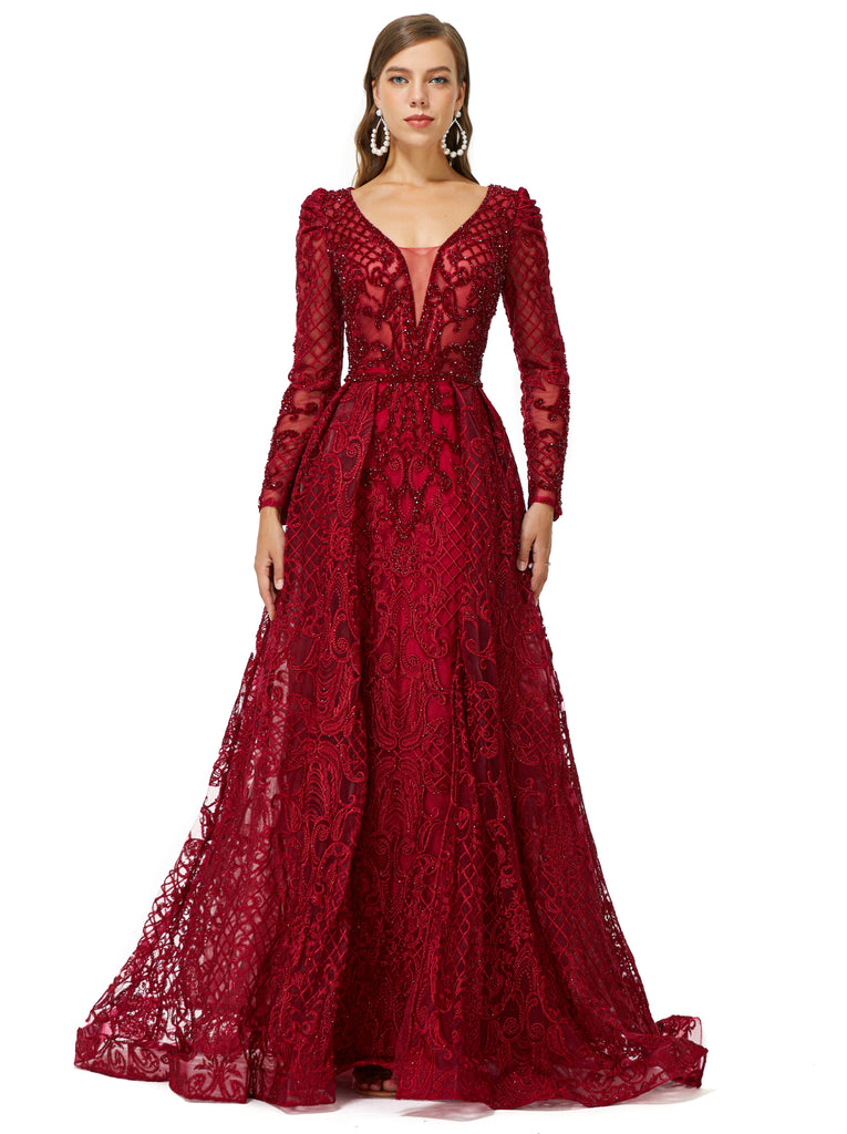 Burgundy Long Sleeves Tulle Beading Detachable Train Formal Prom Dress Custom Made Burgundy Long Sleeves Tulle Beading Detachable Train Formal Prom Dress Custom Made