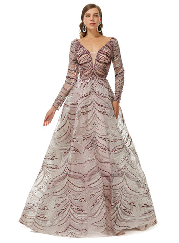 Long  Sleeves V Neck Lace A Line Detachable Train Prom Formal Dress