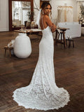 Sheath Lace V neck Backless Court Train Wedding Dress
