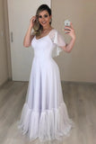 V Neck A Line Backless Cap Sleeve Tulle Wedding Dress