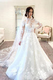 Lace High Neck Appliques Sheer A Line Wedding Dress