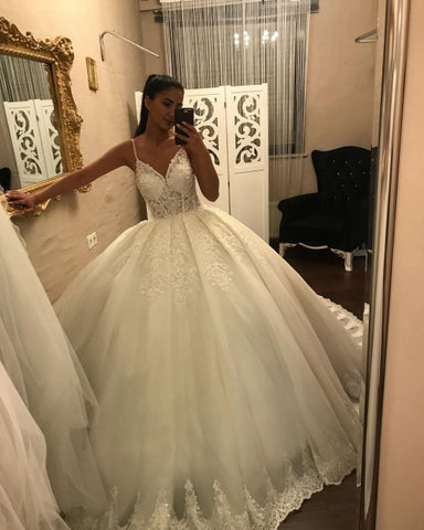 Spaghetti Straps Ball Gown Aopliques See Through Tulle Wedding Dress