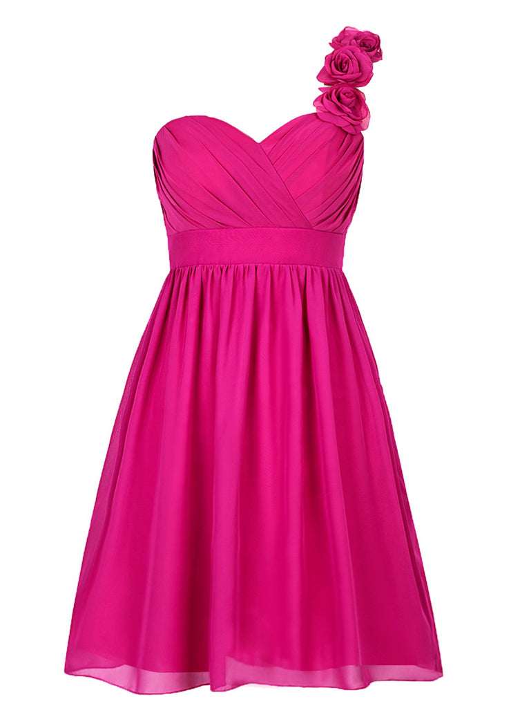 Short One-shoulder Fuchsia Bridesmaid Dress With Flowers Sassymyprom Short One-shoulder Fuchsia Bridesmaid Dress With Flowers Sassymyprom
