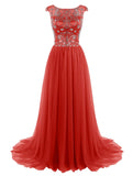 Beaded Tulle Cap Sleeves Long Prom Dress