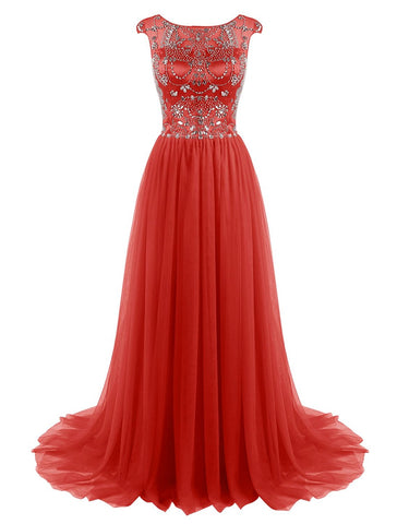 Beaded Tulle Cap Sleeves Long Prom Dress