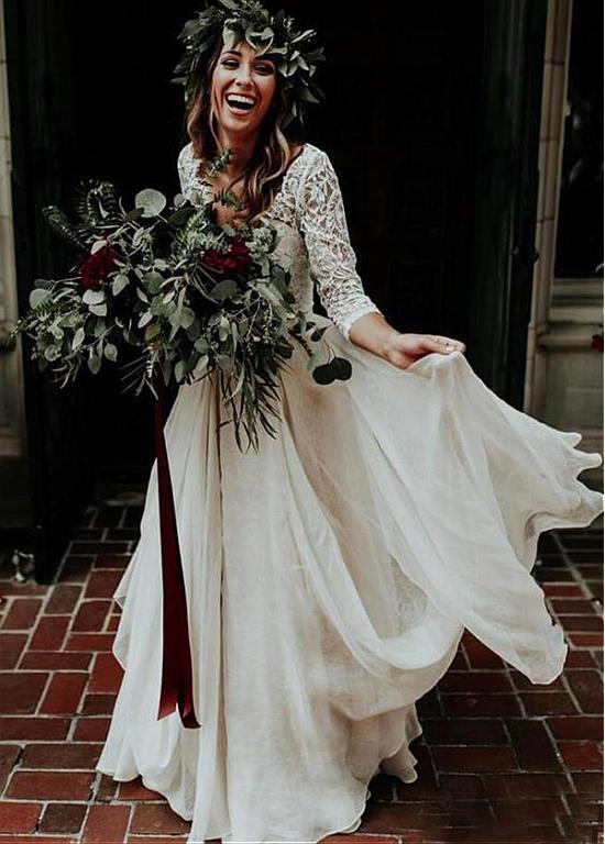 Lace Chiffon V-neck Long Sleeve Two-piece A-line Wedding Dress US2 / Ivory Lace Chiffon V-neck Long Sleeve Two-piece A-line Wedding Dress US2 / Ivory