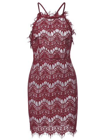 Burgundy Lace Spaghetti Straps Semi Formal Dress