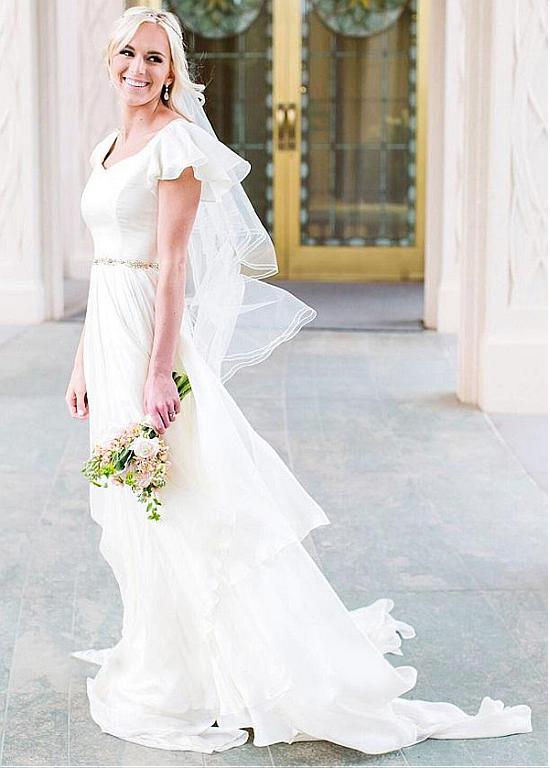 Silk-like Chiffon Asymmetrical Beadings Wedding Dress US14 / Pink