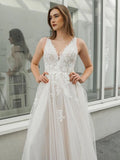 V Neck Appliques Backless Outdoor Wedding Dress