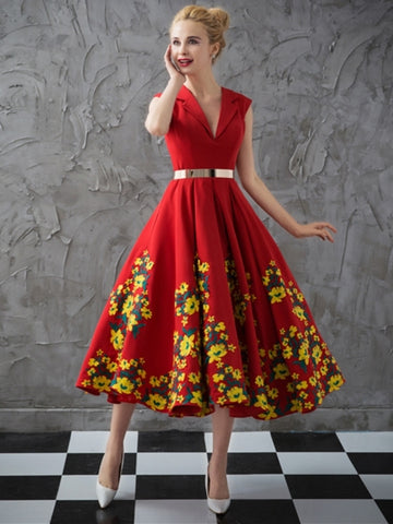 A-Line V-Neck Sashes Tea-Length Evening Dress