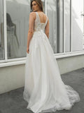V Neck Appliques Backless Outdoor Wedding Dress