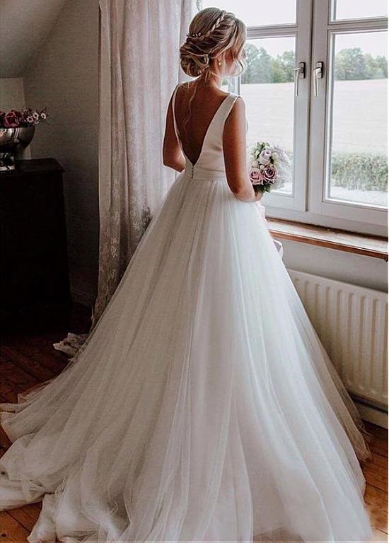 Tulle & Satin Bateau Bowknot V-cut Back A-line Wedding Dress US6 / White Tulle & Satin Bateau Bowknot V-cut Back A-line Wedding Dress US6 / White