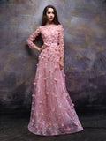 Appliques A-Line Flowers Beading Bateau Lace Floor-Length Evening Dress