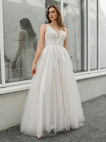 V Neck Appliques Backless Outdoor Wedding Dress