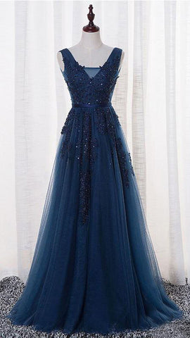 Navy Blue Tulle with Lace Appliqued Prom Dresses