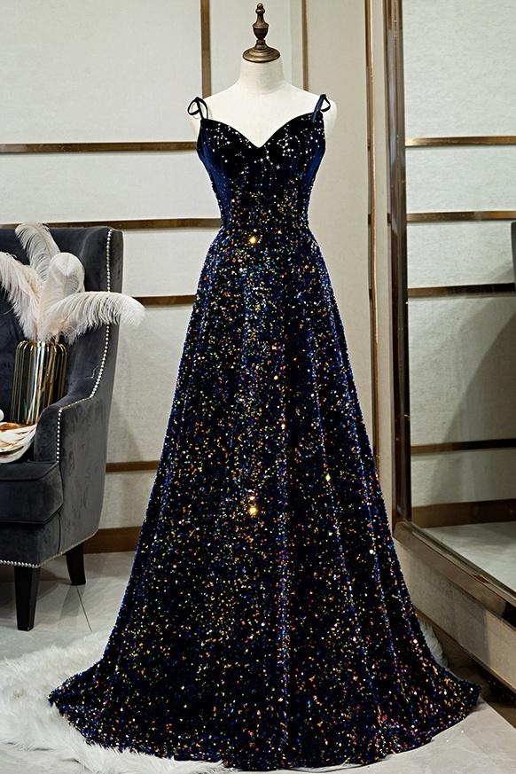 Dark Blue Sequin A Line Spaghetti Straps Bling Bling Prom Dress 2021 US14 / Yellow Dark Blue Sequin A Line Spaghetti Straps Bling Bling Prom Dress 2021 US14 / Yellow