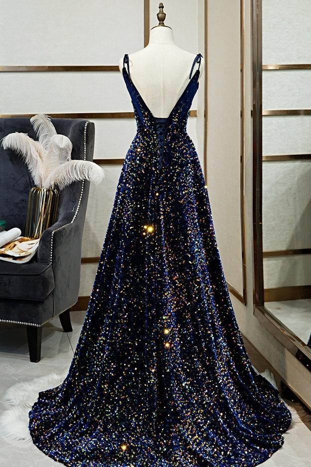 blue dress for baby girl Zapaka Women Navy Ball-Gown V-Neck Long Beaded Tulle Prom Dresses with Pleated, Navy / US12 main image 0