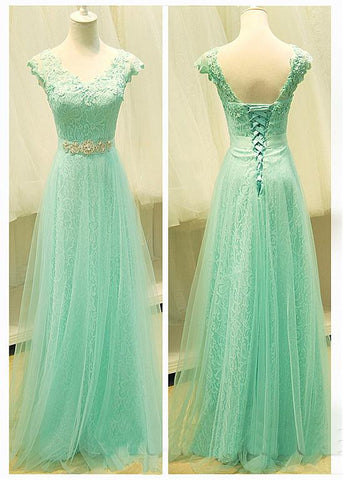 Alluring Tulle V-neck Neckline A-line Prom Dresses With Beaded Lace Appliques