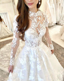 Lace High Neck Appliques Sheer A Line Wedding Dress