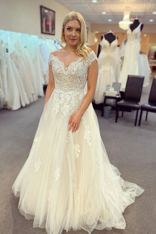 Appliques Sweep Train V Neck A Line Tulle Wedding Dress