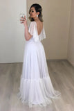 V Neck A Line Backless Cap Sleeve Tulle Wedding Dress