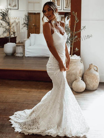 Sheath Lace V neck Backless Court Train Wedding Dress