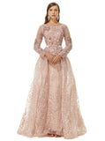 Luxury Champagne Beading Long Sleeve Sheer Detachable Train Prom Dress