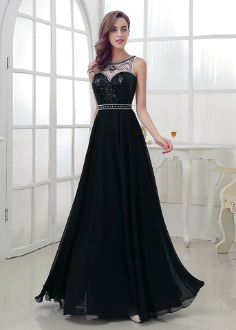 Black Attractive Chiffon Bateau Neckline A-Line Prom Dresses With Beadings