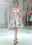 Floral Cloth V-neck Neckline Short Length A-line Homecoming Dresses With Beadings