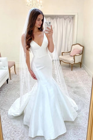 Sweep Train Satin Sexy V Neck Mermaid Wedding Dress