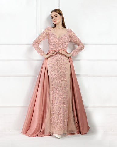 Attachable Train Long Sleeves Mermaid Prom Dress