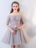 Silver Half Sleeves Beaded Lace Off-the-Shoulder Short Homecoming Dress