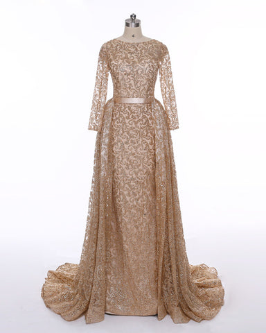 Long Sleeves Sequin Gold Mermaid Prom Dress