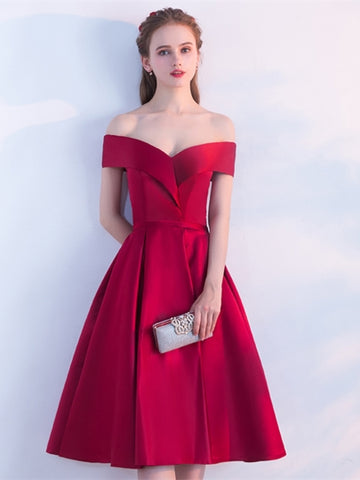 Burgundy Sashes Off-the-Shoulder Knee-Length Homecoming Dress