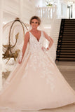 Tulle Appliques V Neck Lace Appliques Champagne Wedding Dress