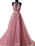 Halter Sleeveless Pink Applique Tulle Prom Dress