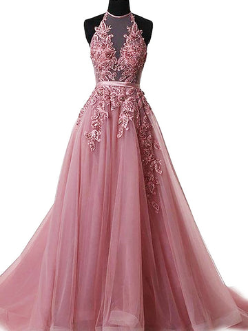 Halter Sleeveless Pink Applique Tulle Prom Dress