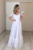 V Neck A Line Backless Cap Sleeve Tulle Wedding Dress