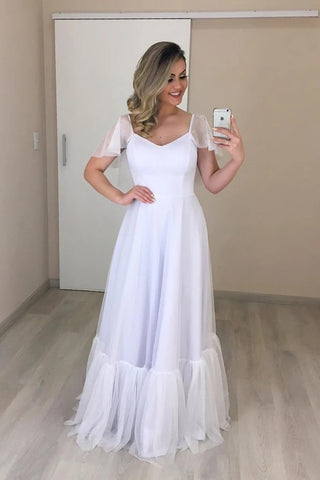 V Neck A Line Backless Cap Sleeve Tulle Wedding Dress