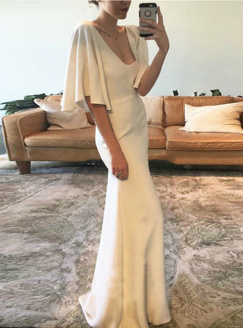 V Neck Floor Length Satin Cap Sleeve Sheath Column Wedding Dress