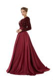 Burgundy Long Sleeves Sequin & Satin A Line Sexy Prom Formal Dress