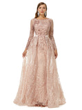 Luxury Champagne Beading Long Sleeve Sheer Detachable Train Prom Dress